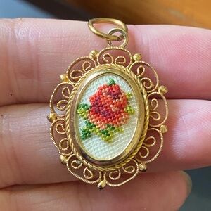 Vintage Embroidered Rose Gold Tone Pendant
